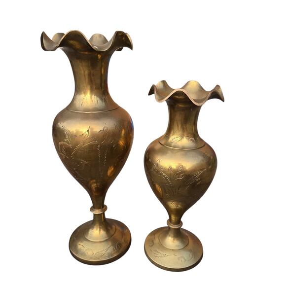 Brass Floral Etched Vases Scalloped Rims - Picture 1 of 8
